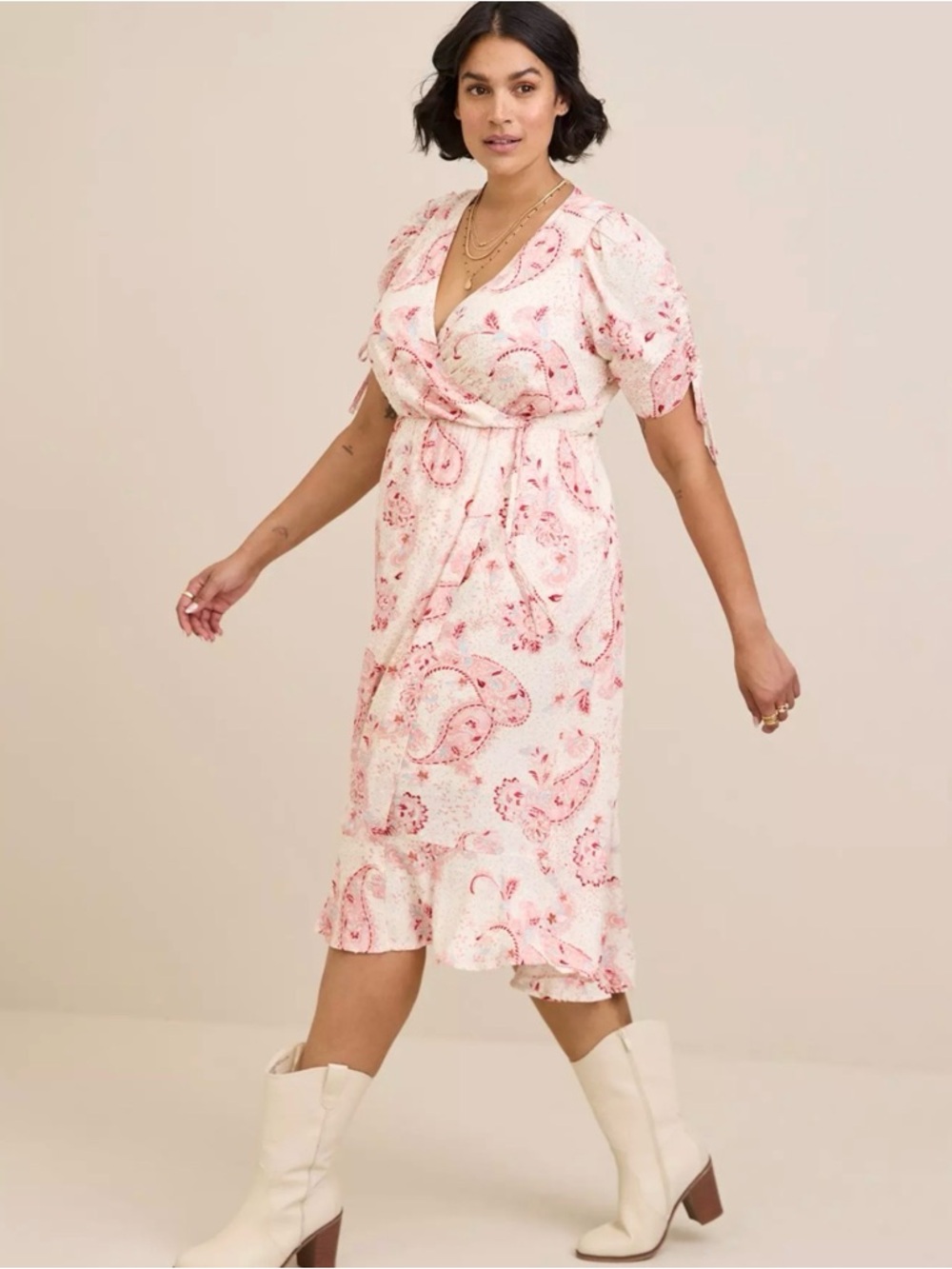 Torrid Size 1 Midi Swiss Dot Surplice Summer Dress Cream Pink Floral Paisley
